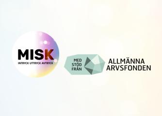 Två logotyper syns på bild sida vid sida. Från vänster till höger kan utläsas: MISK: Intryck, Uttryck, Avtryck - Med stöd från Allmänna Arvsfonden